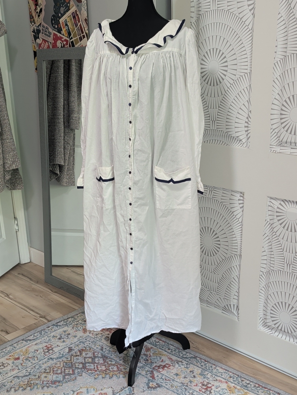 Eileen West 100% Cotton White Nightgown with Navy Accent